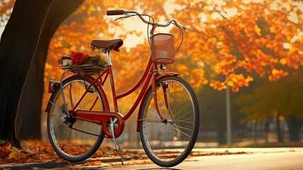 Fototapeta premium A vintage bicycle parked on a road surrounded by autumn leaves.