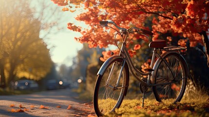 Fototapeta premium A vintage bicycle rests on a path surrounded by vibrant autumn foliage.