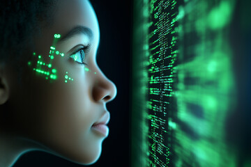 A black woman with glowing digital code on her face looking at the screen, symbolizing AI technology and computer coding concept, green color theme, background is dark