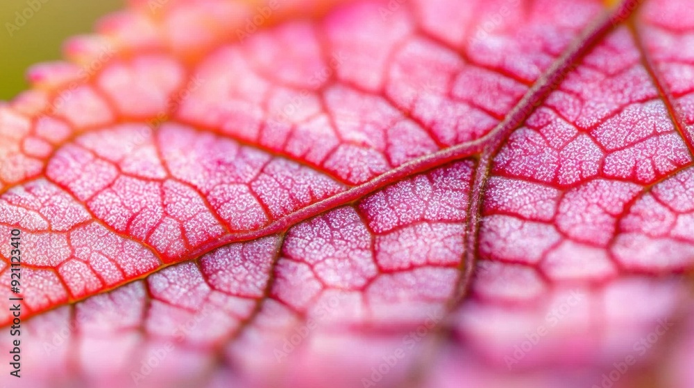 Wall mural a macroscopic image of a red leaf showing its veins and a soft green background