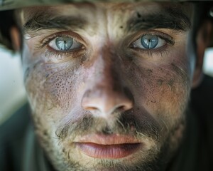 Obraz premium Portrait of a soldier with a helmet close-up