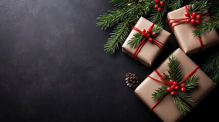 Beautifully wrapped holiday gifts with pine branches and red berries on dark festive background copy space for text