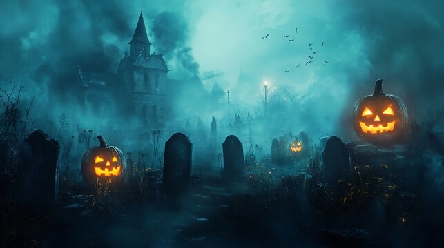 A dark Halloween night background featuring a foggy graveyard, with old tombstones, creeping mist, and glowing jack-o-lanterns