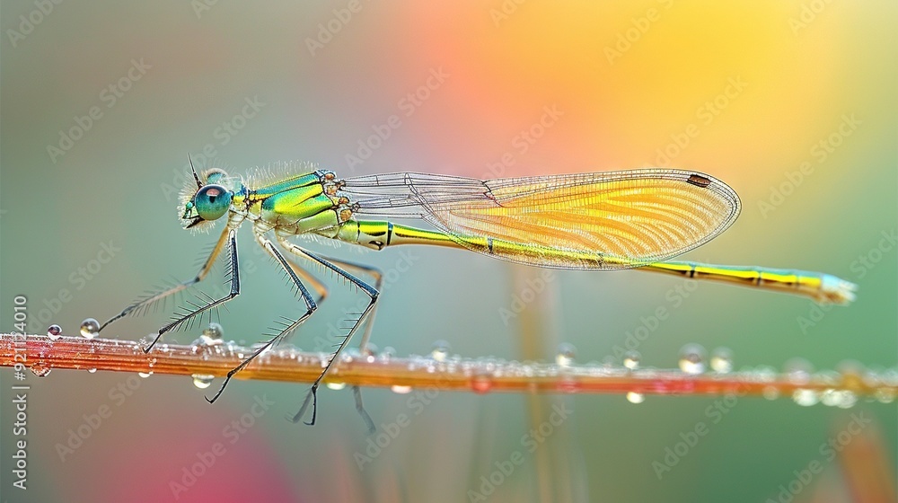 Canvas Prints   A macro shot of a green and yellow bug on a blade of grass with water droplets on its wings