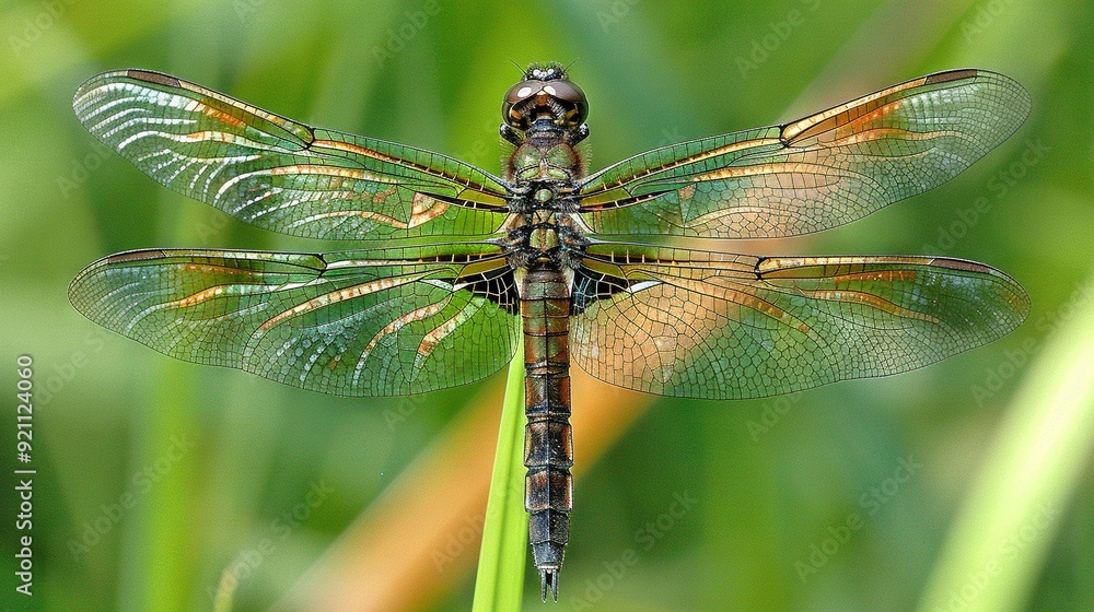 Poster a dragonfly perches on a blade of green grass against a blurry backdrop