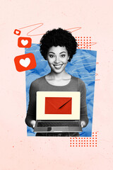 Vertical poster collage young cheerful woman hold laptop digital device like notification icon...