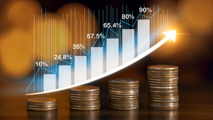 Stack of coin with graph finance, Value of money and investment for success and wealth analysis...