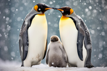 Fototapeta premium Tender Moments in the Snow a Close-Up of King Penguin Embracing in Their Winter Habitat