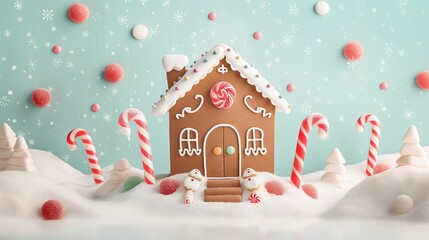 Gingerbread House with Candy Canes in a Snowy Christmas Scene