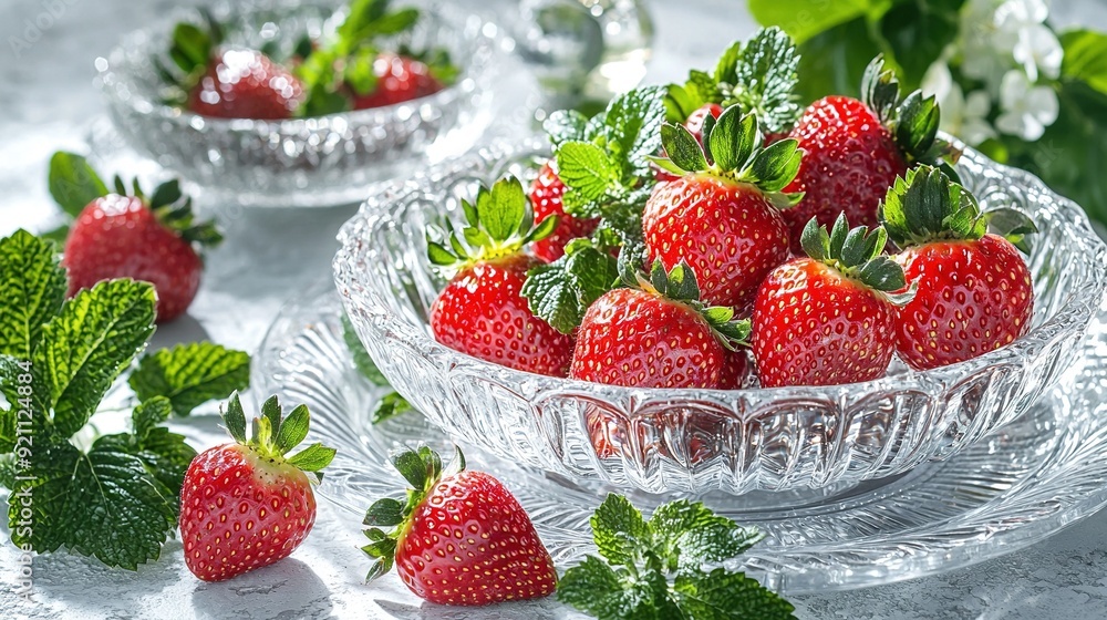 Poster   A strawberry bowl's close-up on a table with additional strawberries