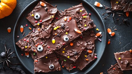 A spooky Halloween chocolate bark, topped with candy eyeballs, sprinkles, and spider decorations, broken into pieces on a dark plate