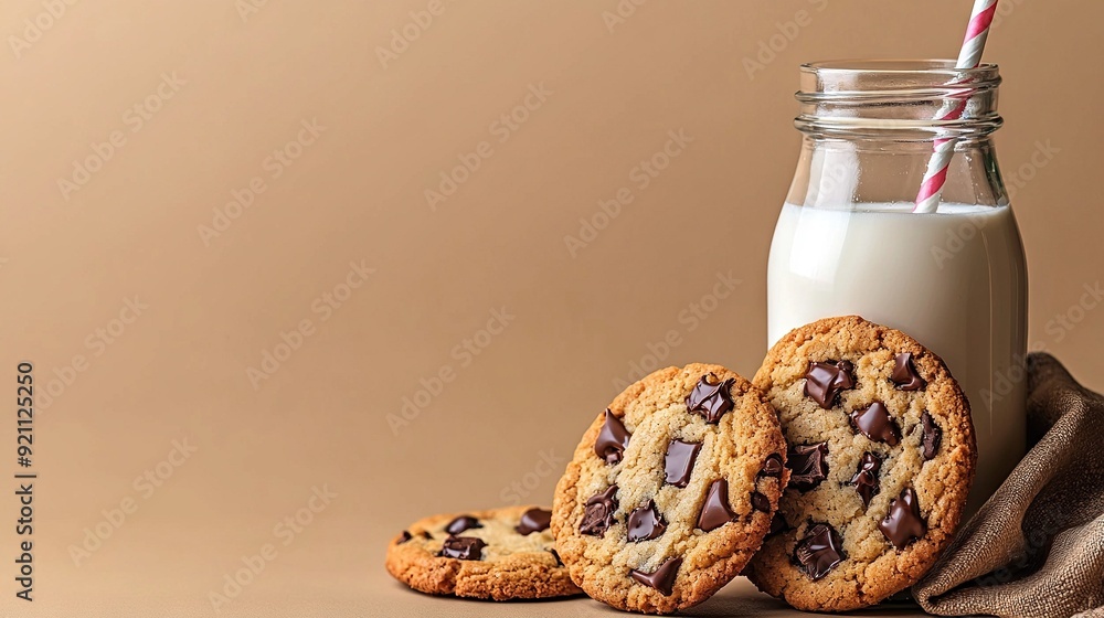 Poster milk & cookies on cloth w/ milk bottle in background