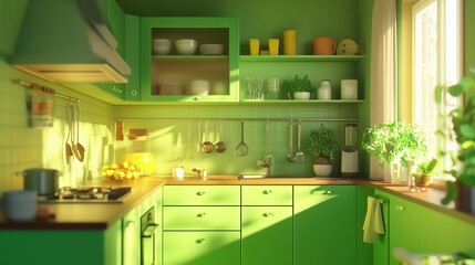 Bright green kitchen filled with fresh ingredients and natural light in the late afternoon