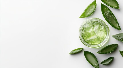 Obraz premium Aloe Vera gel, essential oil in glass jar, Aloe vera leaves isolated on white background. Cosmetics
