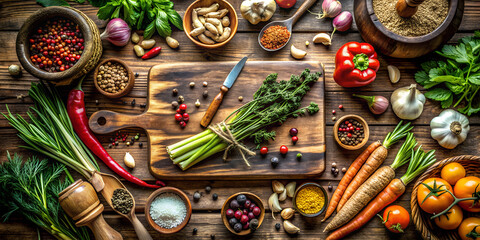 Ingredients for dishes: vegetables, roots, spices, mushrooms, and herbs. An old cutting board is included. The concept of healthy eating is emphasized.
