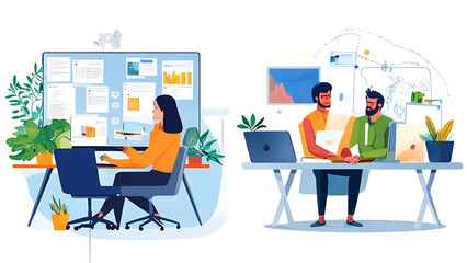 Hybrid work split-screen of remote and in-office workers
