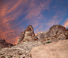 Mountains of Wadi Rum Desert also known as The Valley of the Moon is a valley cut into the sandstone and granite rock in southern Jordan 60 km to the east of Aqaba