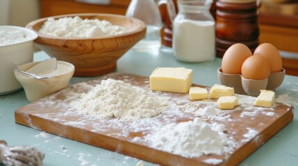 Arrange flour, eggs, butter, and other baking ingredients on a kitchen table