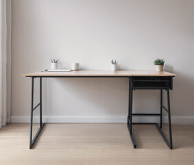 A wooden desk with a black frame and a white background