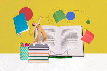 Composite photo collage of happy teenage girl dance book stack literature lesson preparation...