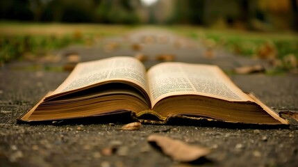 Obraz premium open book lies on pathway surrounded by fallen leaves on autumn day