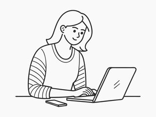 continuous single line drawing of female student using laptop computer, line art vector illustration

