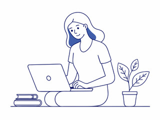 continuous single line drawing of female student using laptop computer, line art vector illustration
