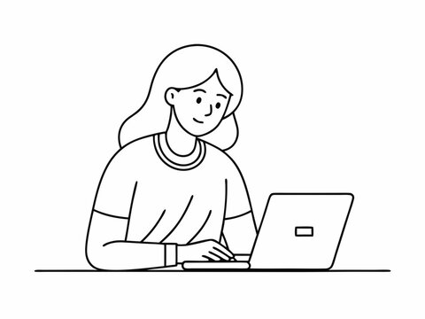 recommend clip art: continuous single line drawing of female student using laptop computer, line art vector illustration
                    