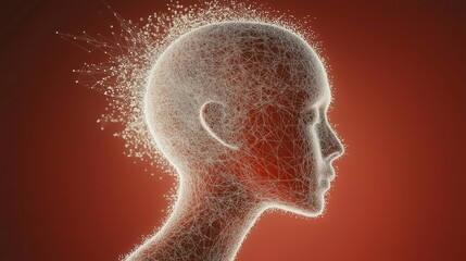 A surreal digital representation of a human head, featuring a network of particles against a vibrant red background.