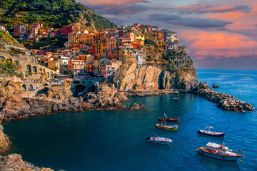 Manarola, one of the fisherman seaside town in cinque terre, La Spezia in Italy