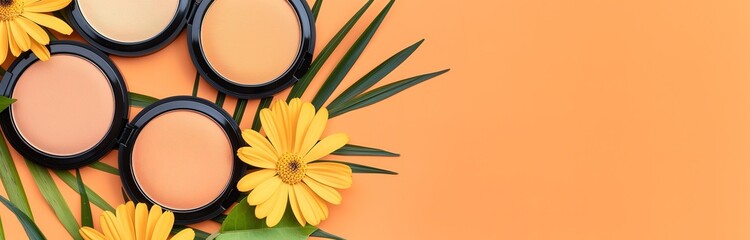 Four round containers of makeup powder, surrounded by green palm leaves and yellow flowers on a peach background. The image has copy space on the right.