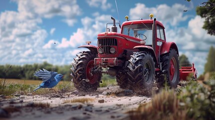 Red Tractor and a Blue Bird