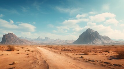 A vast desert landscape with mountains and a winding dirt road under a clear blue sky.
