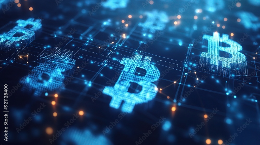 Poster bitcoin network: a futuristic, glowing grid pulses with the iconic bitcoin symbol, representing the 