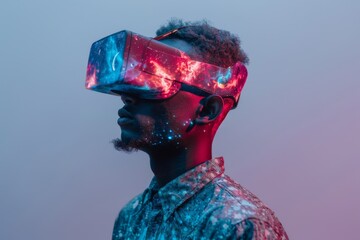 Futuristic African Man with VR Headset in Neon Lights