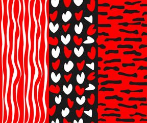 Valentine's Day backgrounds. Heart. Seamless patterns. Texture set. Red white and black romantic print. Cute beautiful wrapping paper. Vector illustration. Scrapbooking background