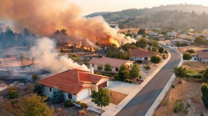 A fast-moving wildfire encroaches on suburban homes, with large plumes of smoke rising, highlighting the imminent danger to residential areas and the destructive force of the blaze.