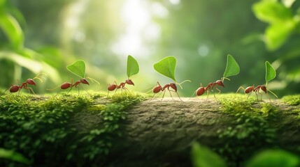 Leafcutter Ants Carrying Leaves in Lush Green Forest