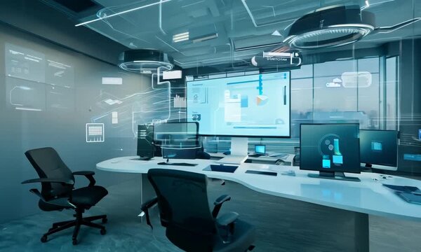 A modern office space with smart furniture and integrated technology solutions.