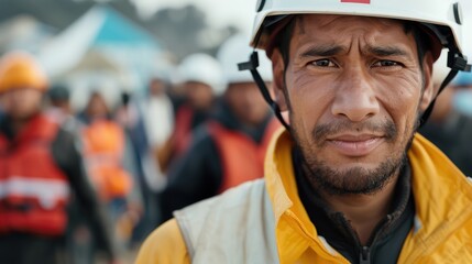 Fototapeta premium A reflective construction worker looks intently at the busy site around him, wearing a yellow jacket and helmet, focused and representing the diligence and hard work involved.