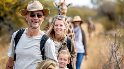 A family smiles as they hike together, with giraffes in the background, enjoying an adventurous day out in nature, combining fitness and the educational joy of wildlife encounters.