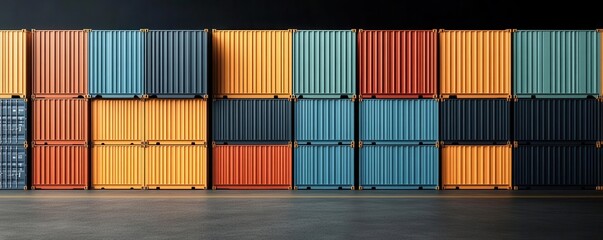 Fototapeta premium Empty shipping containers at a port symbolizing supply chain issues, Photorealistic, Cool colors, Highdetail, Industrial