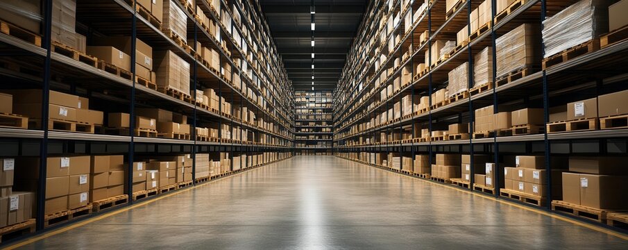 Empty warehouse shelves symbolizing supply chain issues, , Cool tones, High contrast, Industrial setting