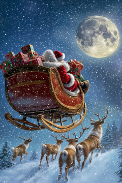 vertical slow motion video of Santa Claus Delivering Christmas Gifts in sleight Flying with Reindeer on a Starry Night with a Full Moon
