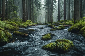 Obraz premium Serene Forest Stream Surrounded by Lush Greenery and Tall Trees