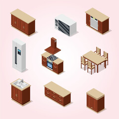 Kitchen Furniture Isometric Icons Set