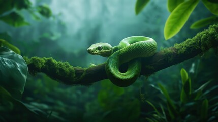 Fototapeta premium Green Snake Coiled on Branch in Lush Jungle