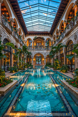 Obraz premium Elegant Florida mansion courtyard atrium with large pool, glass ceiling, colonnade, night, luxury home