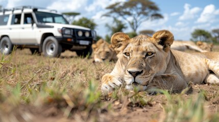 Lions lay relaxed on the dry grass of the African savannah with a safari vehicle parked nearby under a bright blue sky, showcasing a picturesque and natural environment.