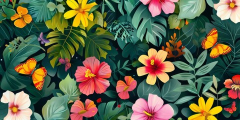 This is a colorful and lively tropical floral design that showcases vibrant flowers and beautiful butterflies